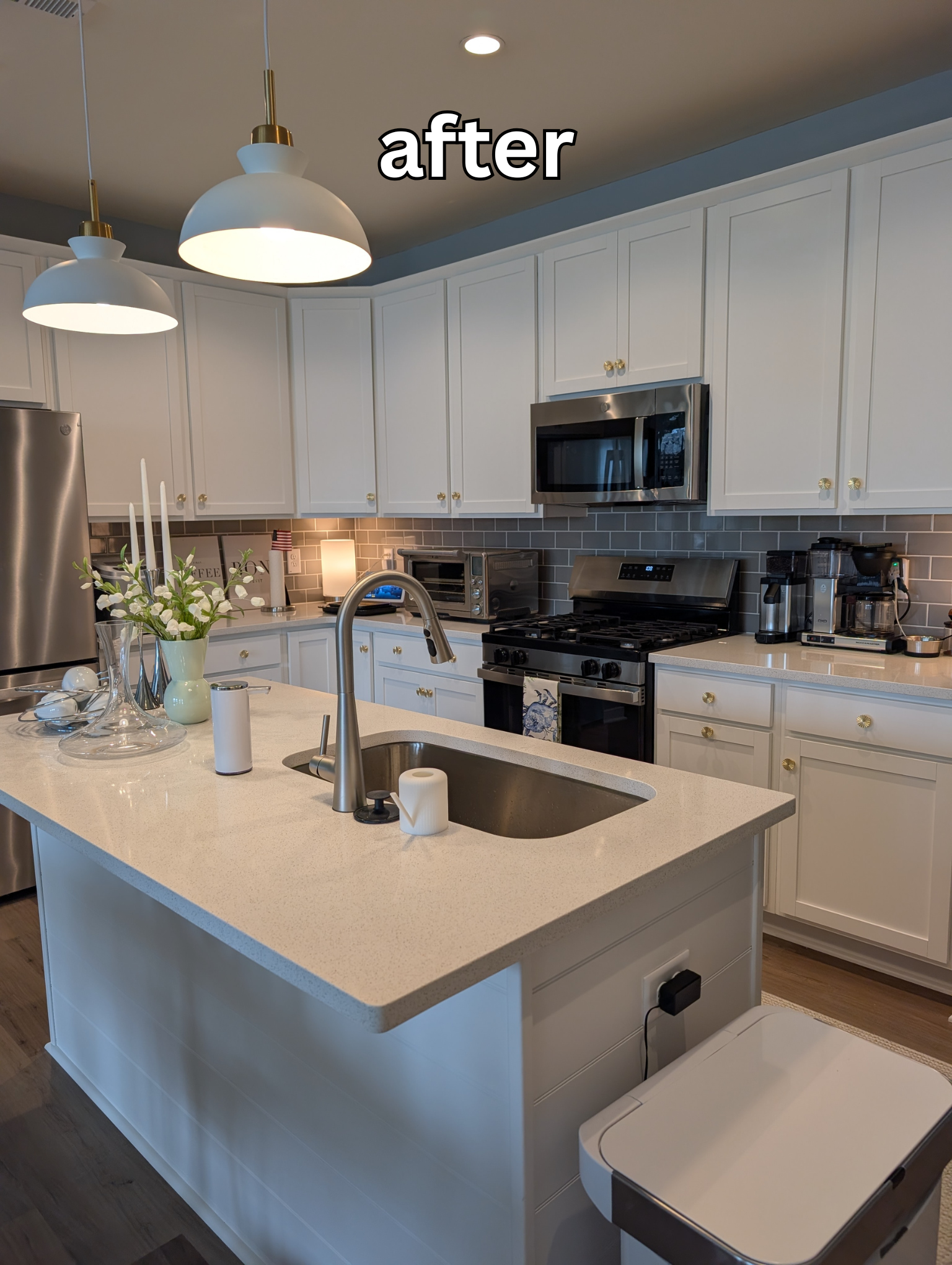 Decluttered kitchen counters and clear island after everyday tidying help for a senior client in Richmond, VA