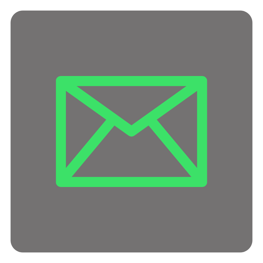 An envelope icon outlined in neon green on a gray square background.