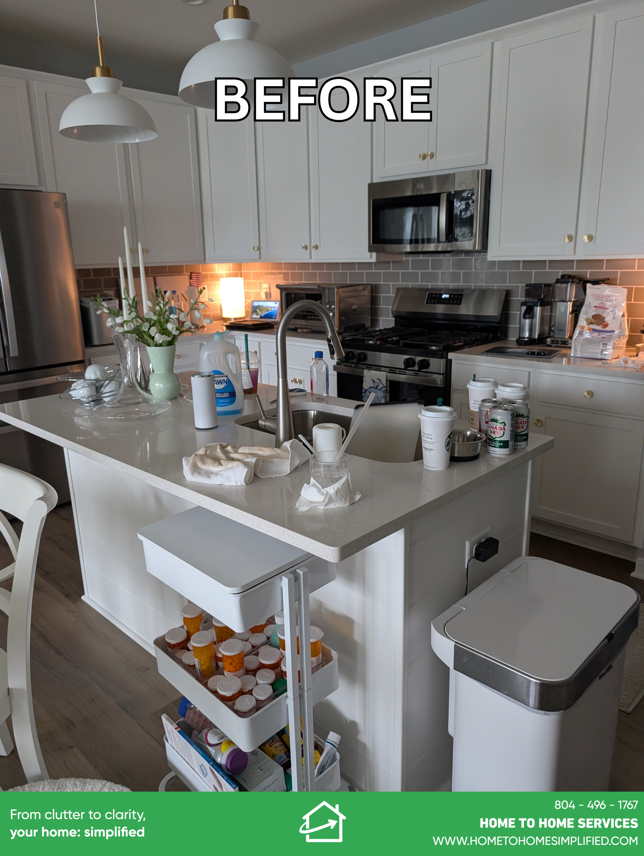 A second angle reveals the full picture — clutter wrapping around both sides of the island, the medicine cart left out, and cleaning supplies mixed in with everyday items. Despite being a beautiful kitchen with white cabinets and quartz counters, non