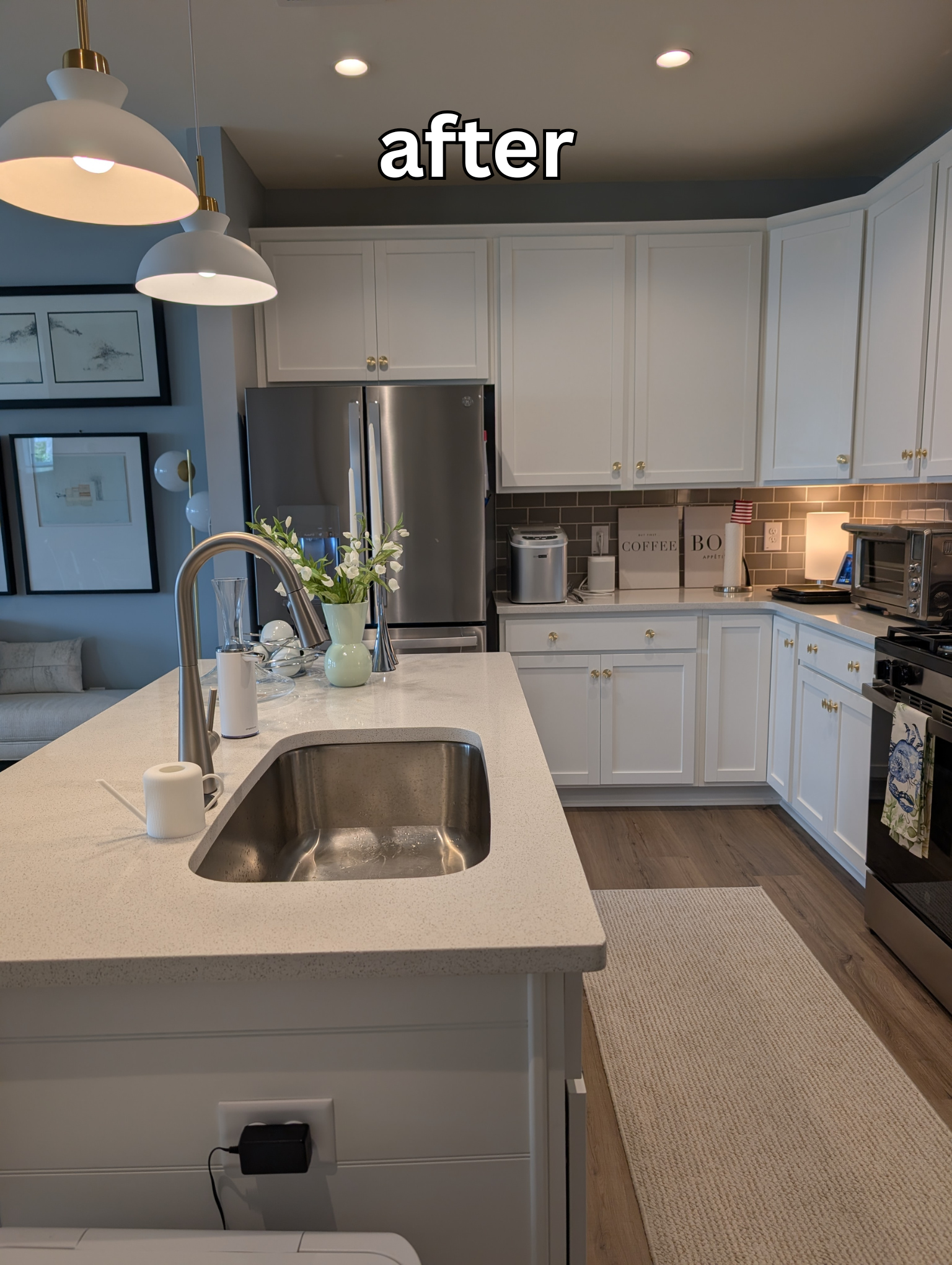 Clean, tidy kitchen island and empty sink after light tidying and dishes during an Everyday Living Support visit in Richmond, VA