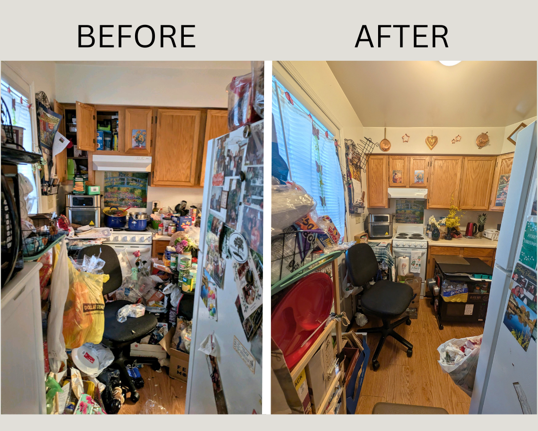 Side-by-side before and after photos of Kay's kitchen showing the transformation from severe clutter to a clean, organized space by Home to Home Services in Richmond, VA