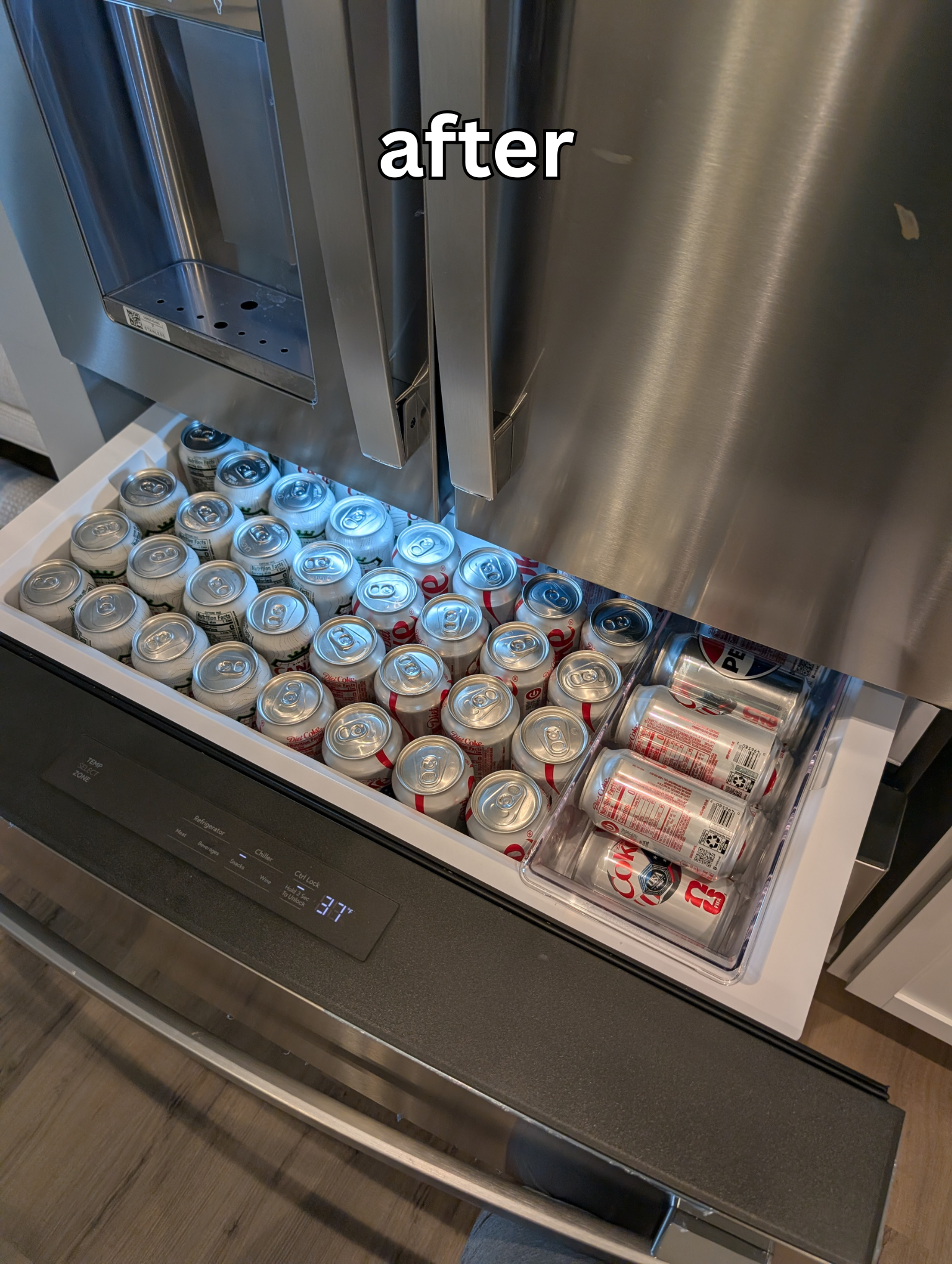 Refrigerator beverage drawer neatly organized with sorted soda cans after an Everyday Living Support visit in Richmond, VA