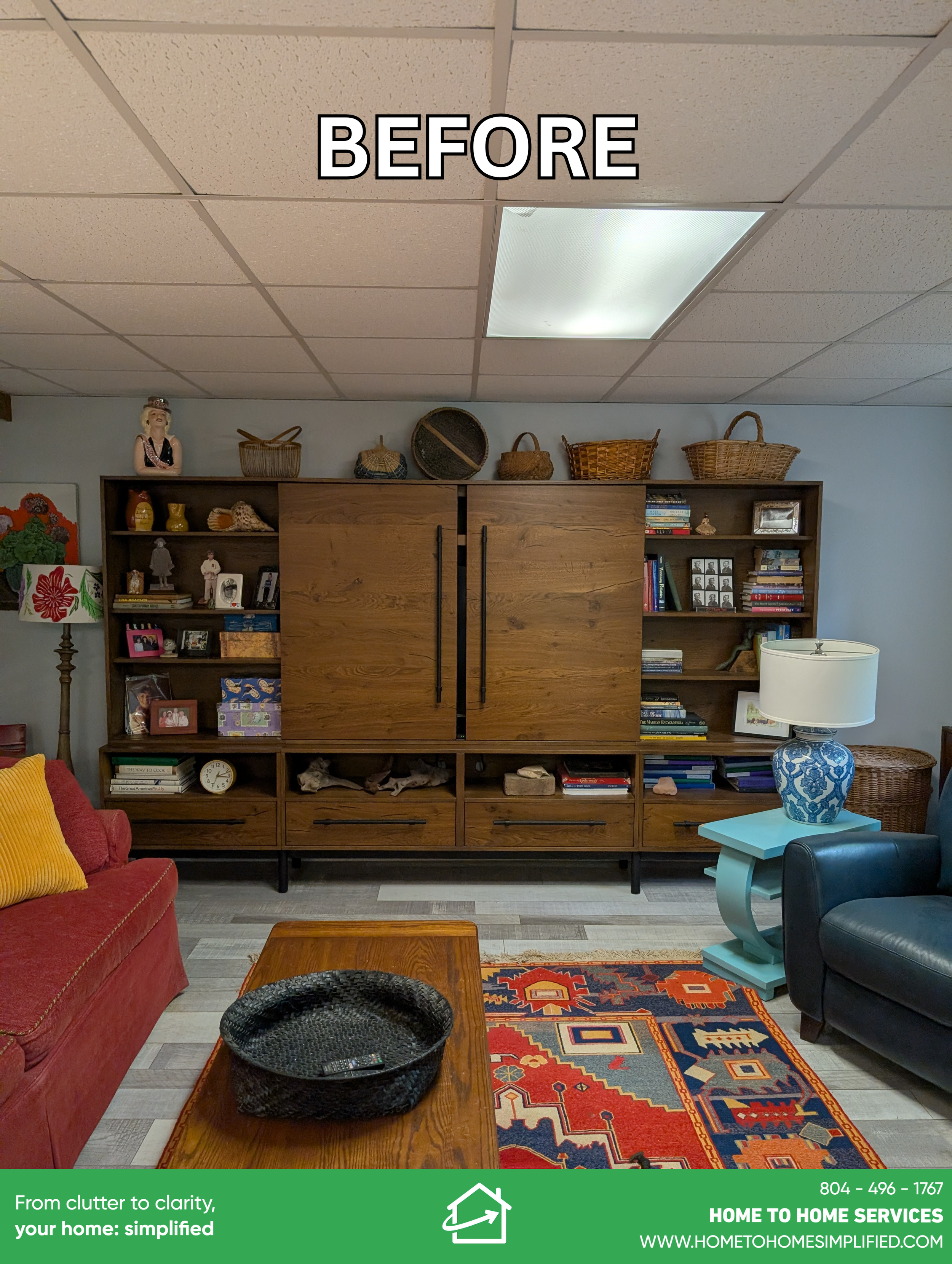 The living room entertainment unit told the story of a life well-lived — every shelf filled with wicker baskets collected over the years, framed family photographs, decorative figurines, clocks, books, and personal keepsakes. While deeply personal an