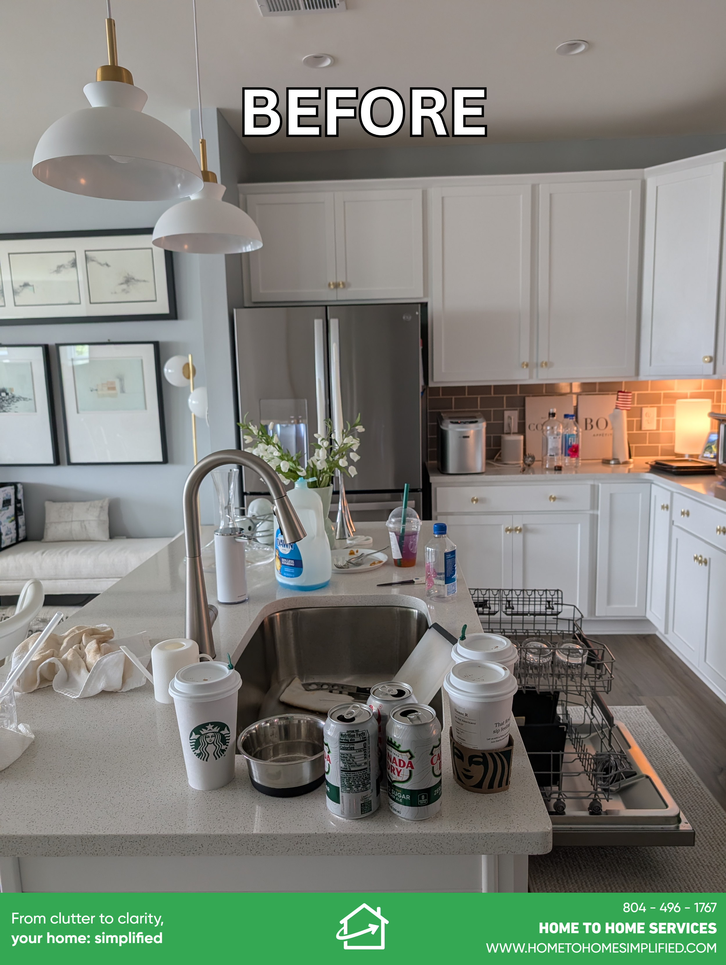 The kitchen island had become the home's default drop zone — Starbucks cups, Canada Dry cans, dish soap, paper towels, and miscellaneous items crowding every inch of counter space. A medicine cart parked beside the island added to the visual overwhel