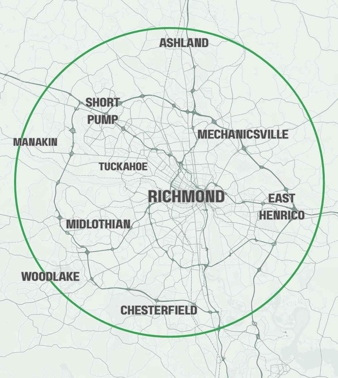 Packing and unpacking service area map — Home to Home Services serves Richmond, Henrico, Chesterfield, Short Pump, Midlothian, and surrounding Central Virginia communities