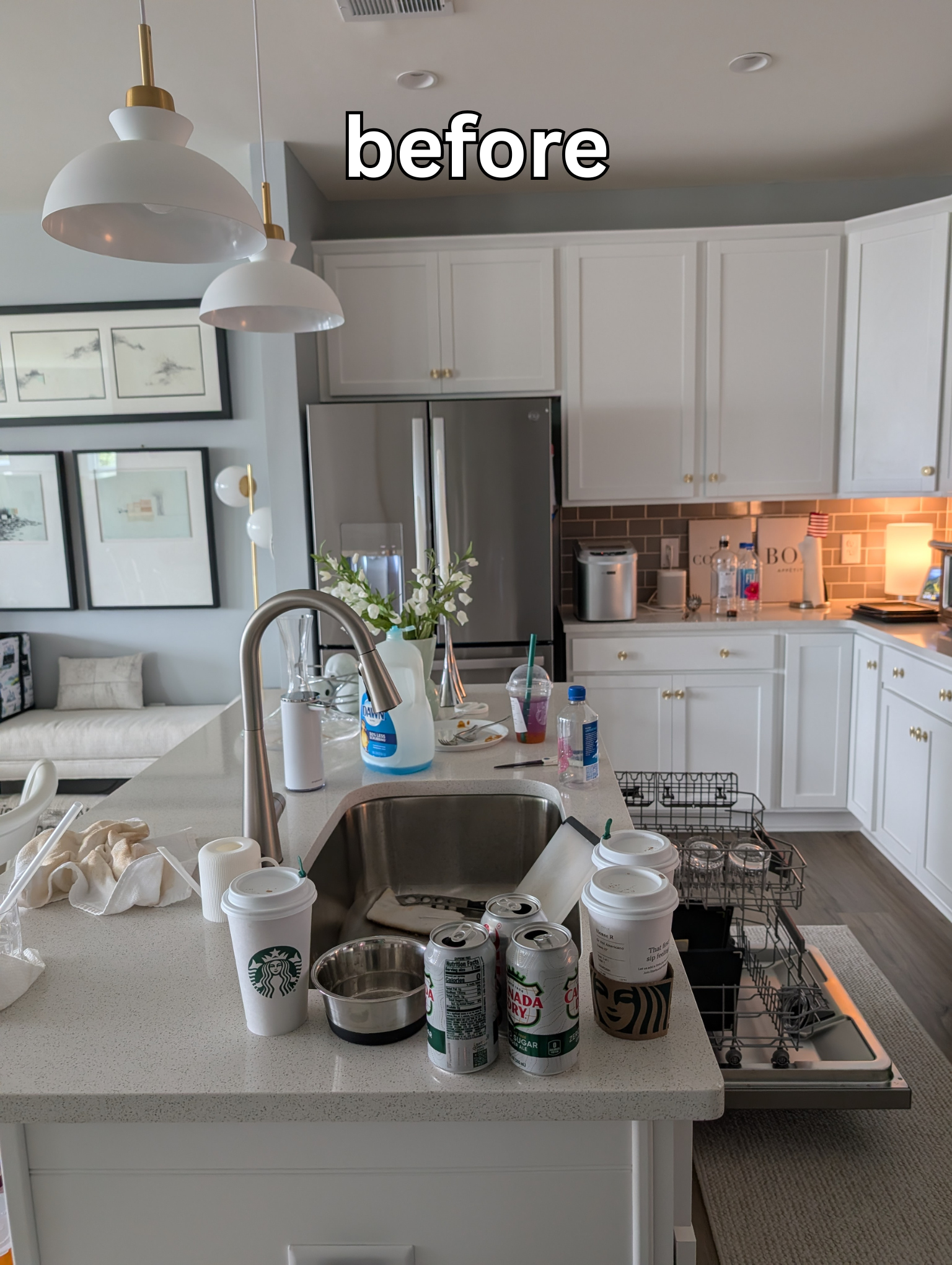 Cluttered kitchen island with cups, cans, and dishes by the sink before light tidying help in Richmond, VA