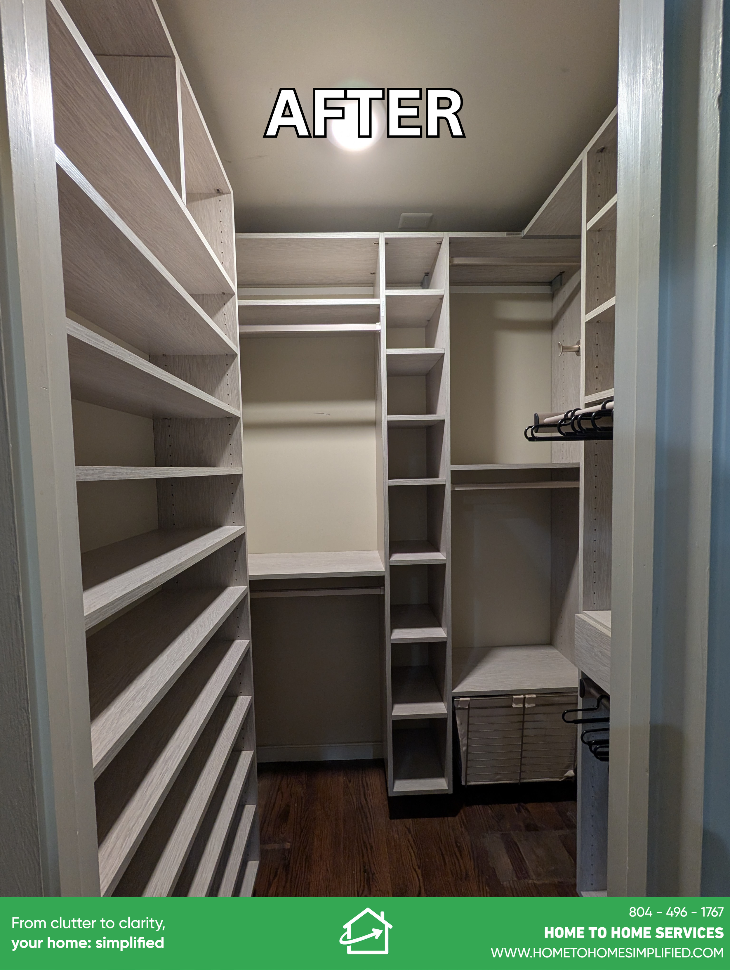 With every item packed and removed, the custom closet system is fully revealed for the first time in years — floor-to-ceiling shelving, a dedicated hanging rod, built-in drawers, and generous square footage that had been completely hidden beneath a f
