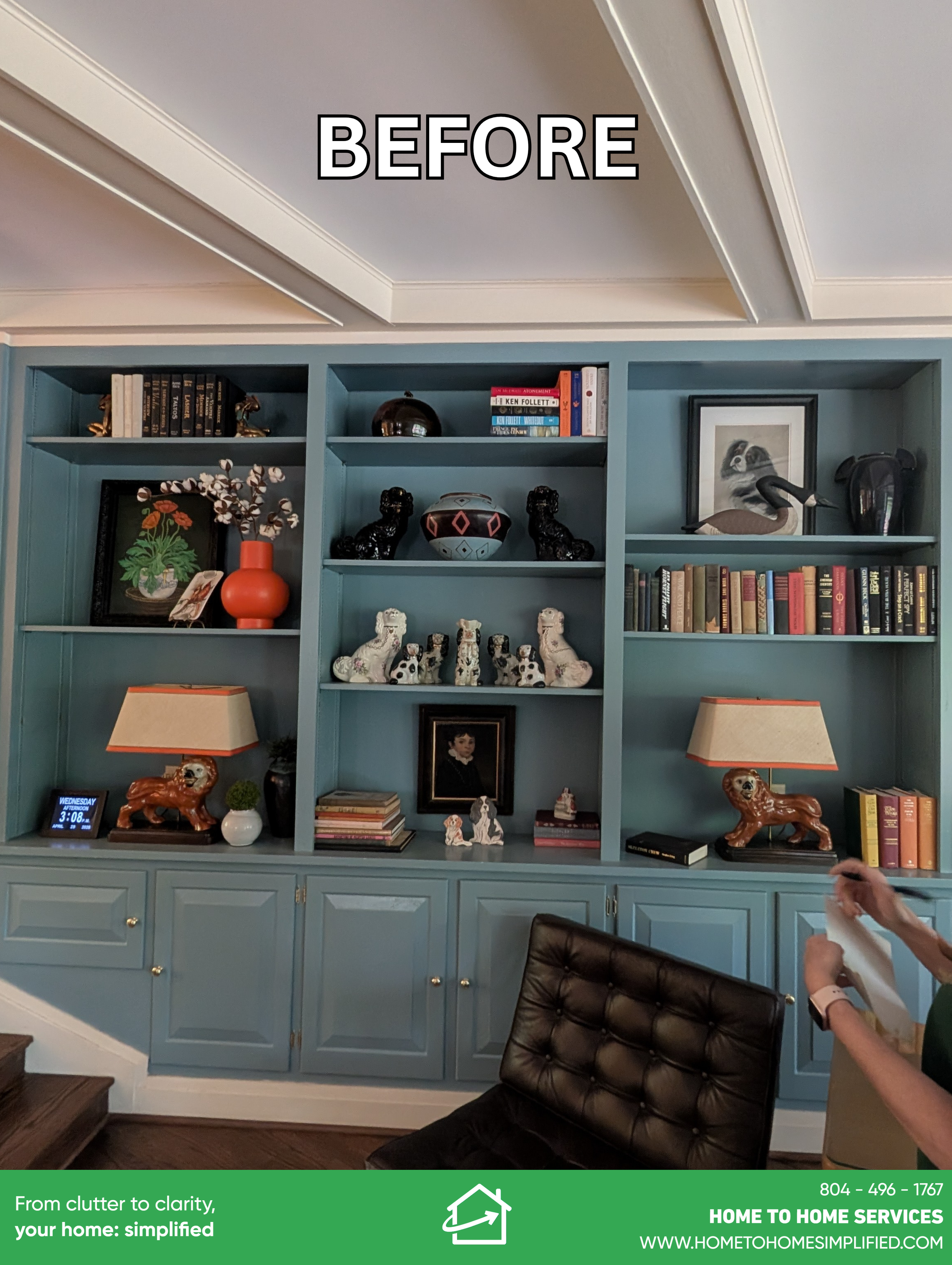 This stunning blue built-in was the heart of the home — a curated display of decades of collecting. Staffordshire dog figurines lined the shelves alongside black ceramic pieces, a bold orange vase, framed portraits, stacked art books, matching lion l