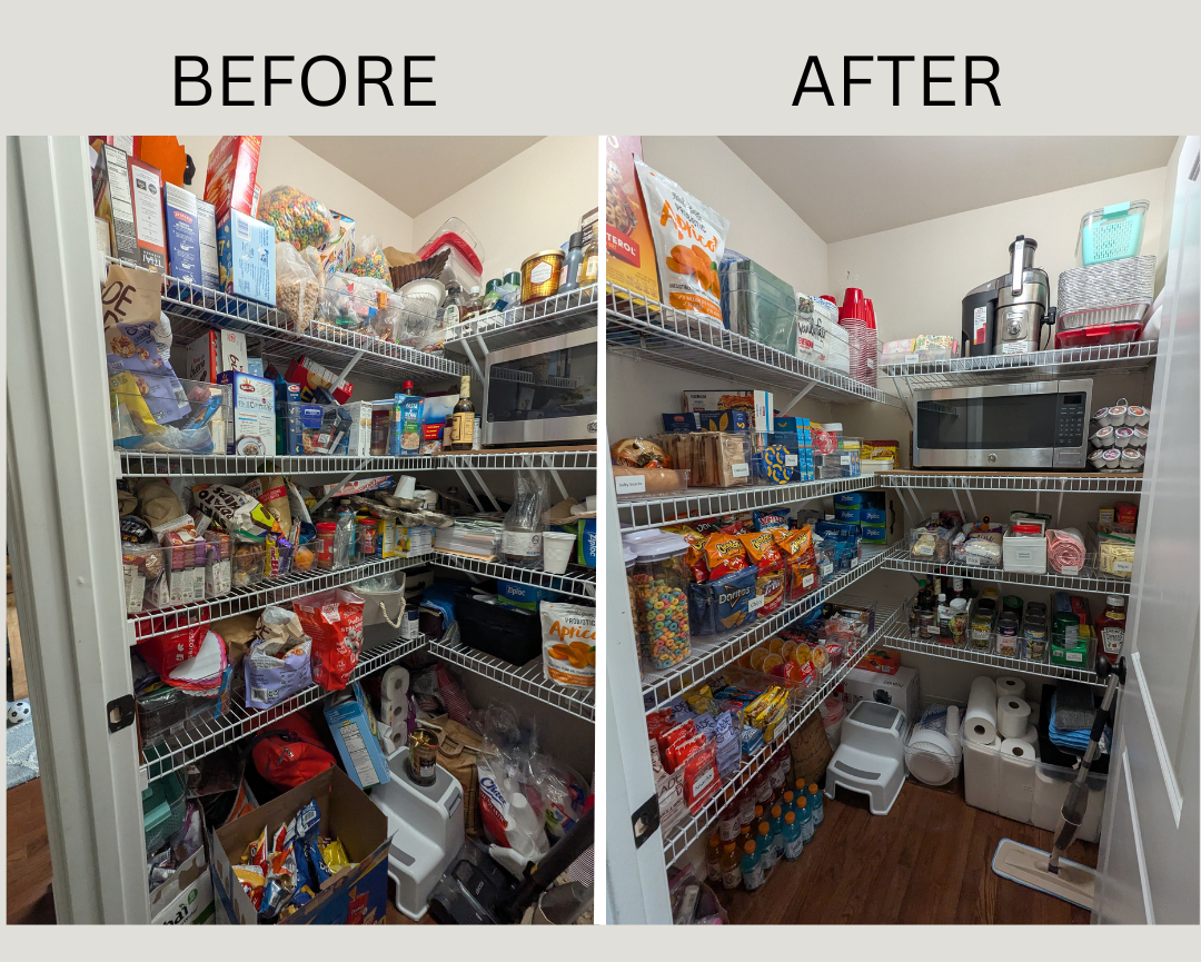 Side-by-side before and after photos of a pantry transformation — from cluttered and disorganized to a clean, labeled, and functional system — by Home to Home Services in Richmond, VA