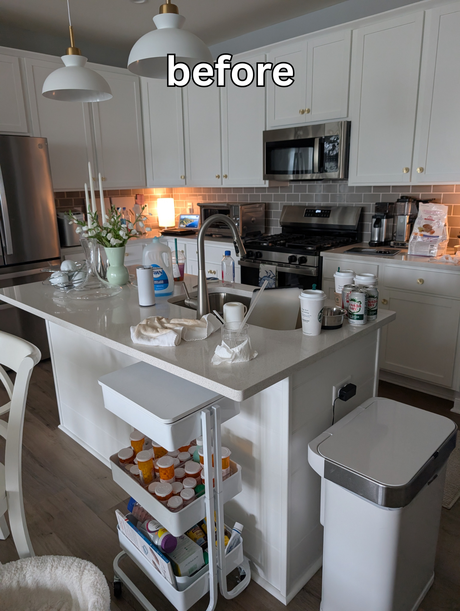 Busy kitchen counter with everyday clutter and a medication cart before an Everyday Living Support visit for a client with limited mobility in Richmond, VA