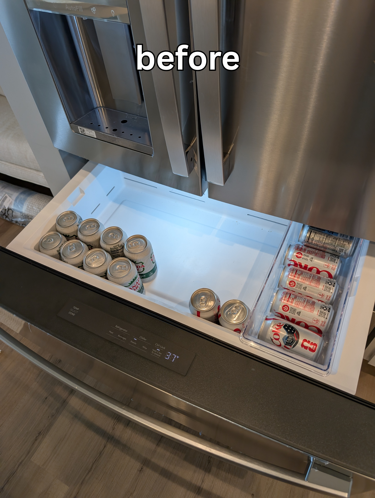 Refrigerator beverage drawer with scattered, loosely placed soda cans before an Everyday Living Support visit in Richmond, VA