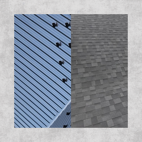 Close-up of two different rooftops: one with metal roofing panels and the other with asphalt shingles.