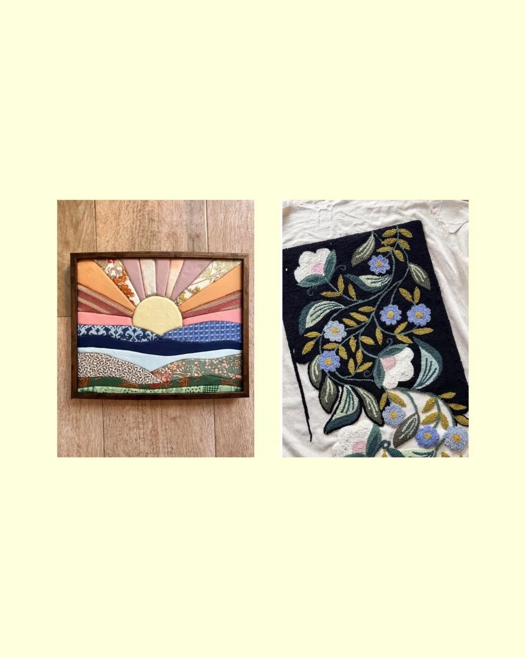 Two abstract paintings on a wall. The left painting has a gradient blending from peach to deep red at the bottom. The right painting features bold black, blue, orange, yellow, and white shapes with some scribbles and curved lines.