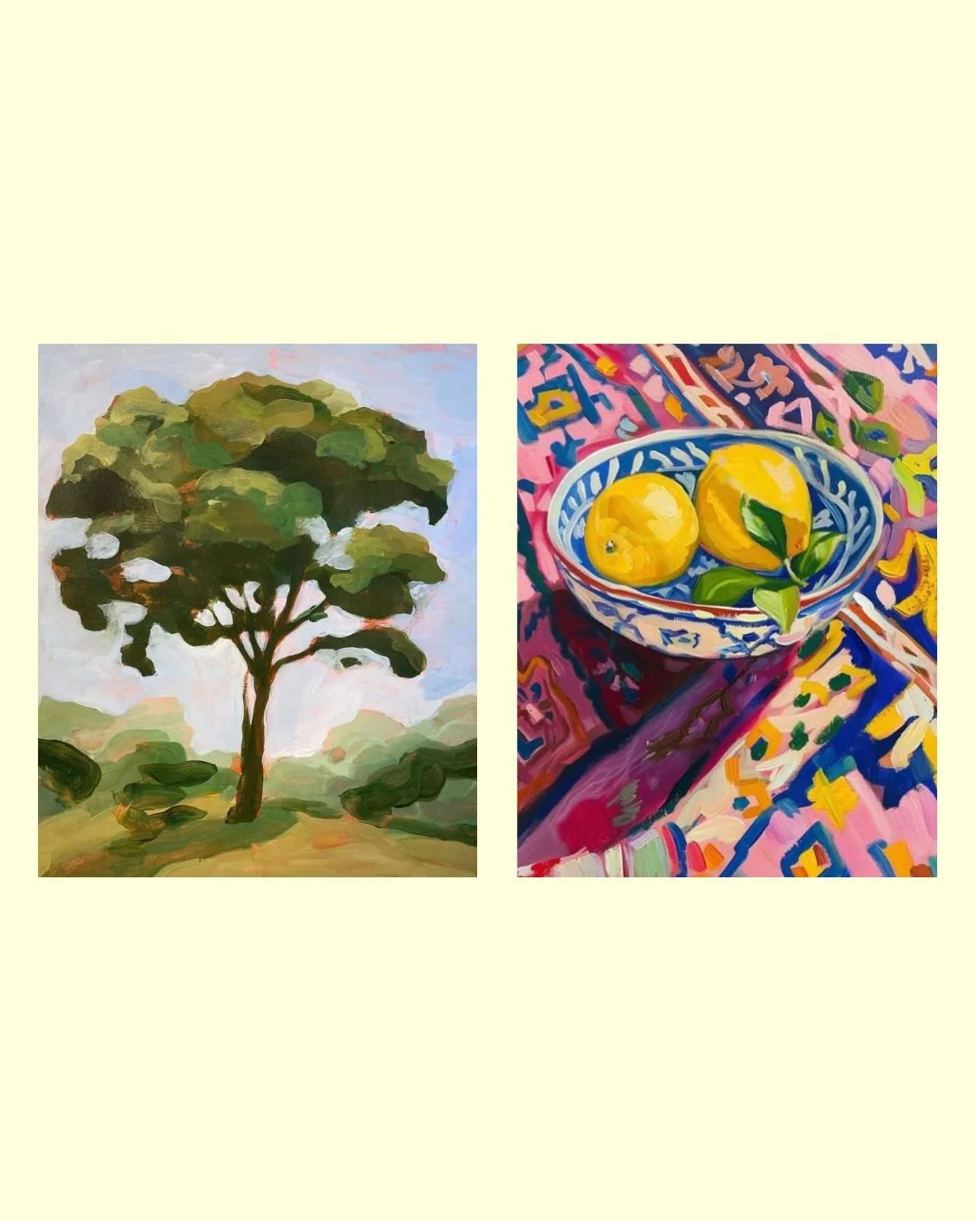 Side-by-side collage of two artworks: the left features a nautical scene with two sailboats on the ocean with cloud-filled sky and seagulls; the right depicts an abstract arrangement of colorful paper cutouts of vegetables on a dark blue background.