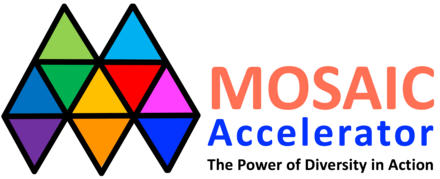 Colorful mosaic tile design with the words 'MOSAIC Accelerator' and the tagline 'The Power of Diversity in Action'.