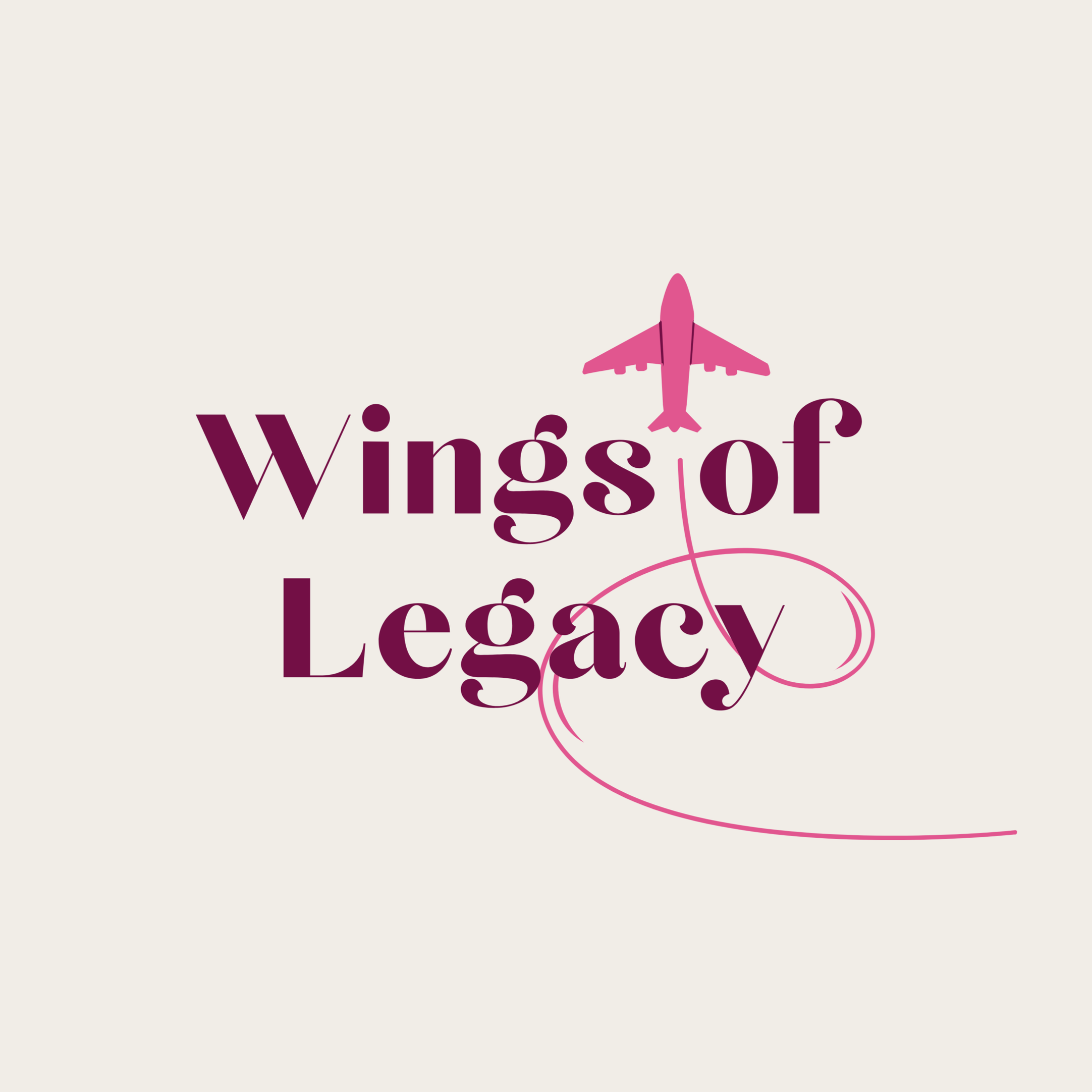 Logo with a pink airplane silhouette and the text "Wings of Legacy" in maroon, with a pink swirling line.