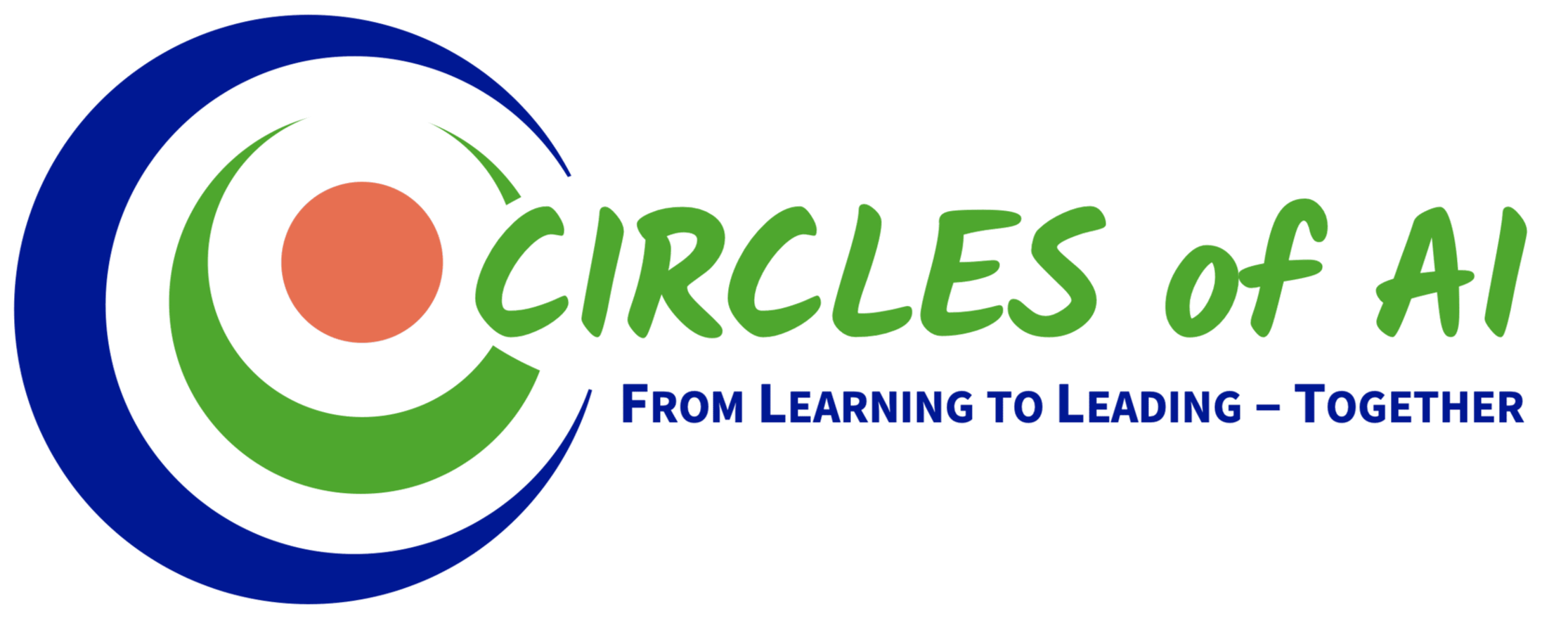 Logo for 'Circles of AI' with text 'From Learning to Leading - Together' and graphic of concentric circles in blue, green, and orange.
