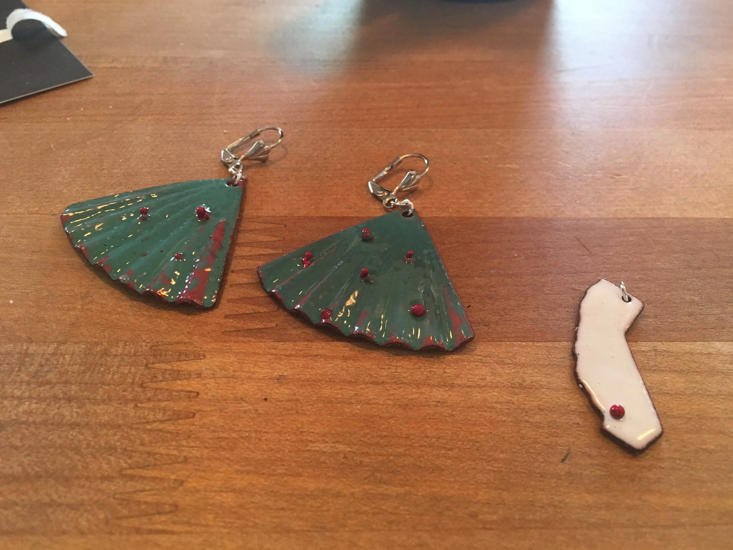 Teal with red drops fan earrings.  Personal Collection