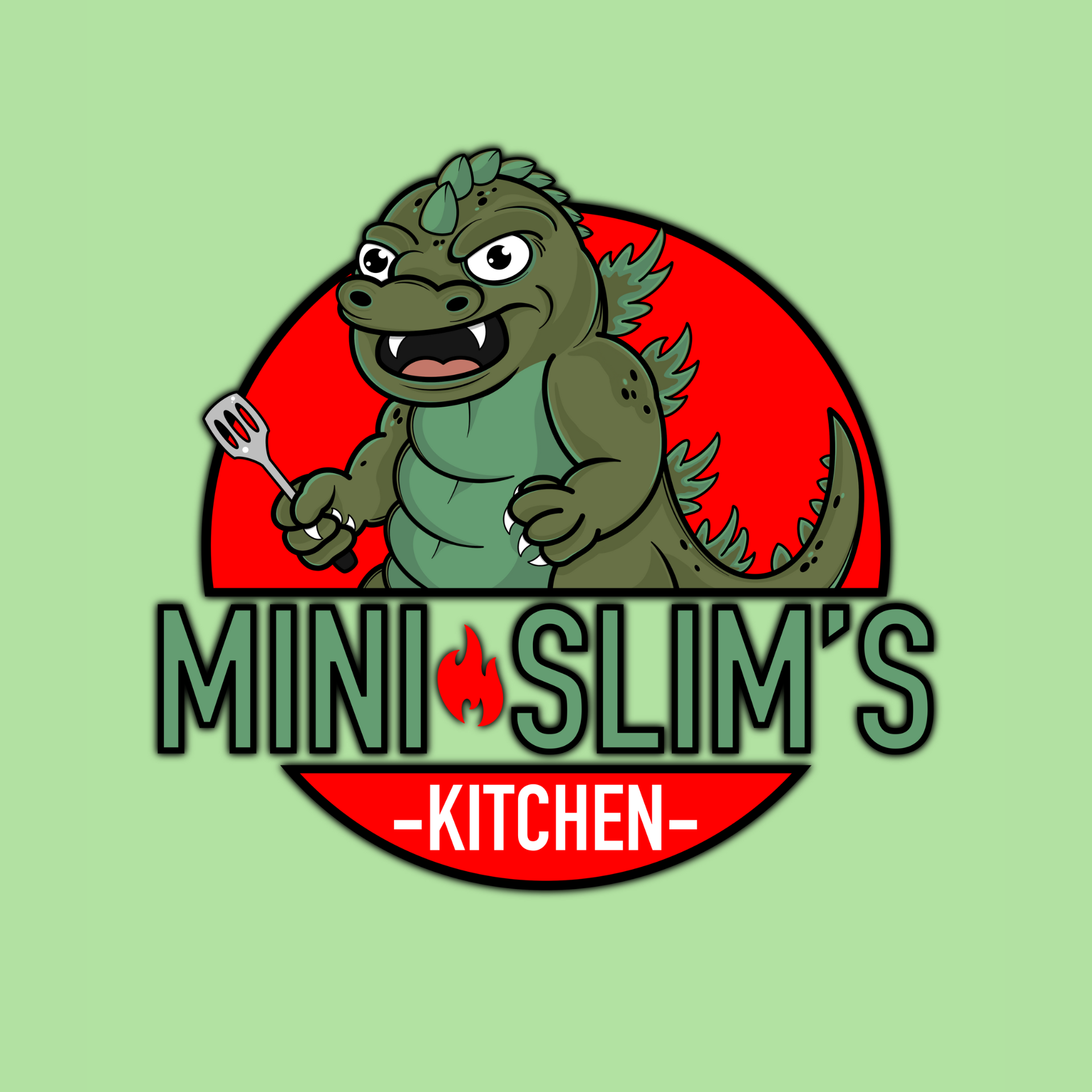 Cartoon dinosaur holding a spatula and knife, with red circle background and text "Mini Slim's Kitchen" below.