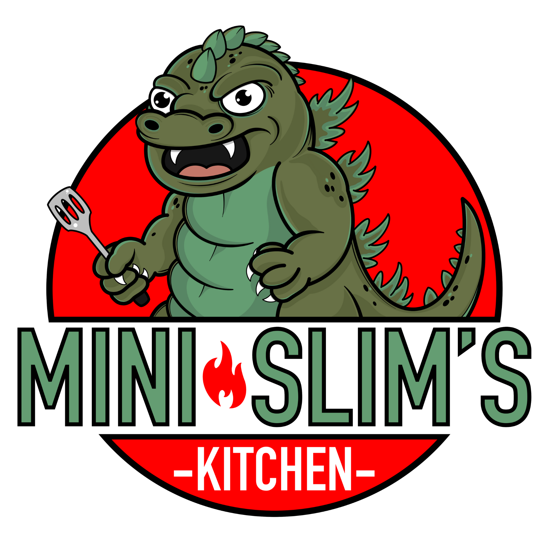 Cartoon dinosaur holding a spatula, standing in front of a red circle, above the text 'Mini Slim's Kitchen' with a flame symbol.