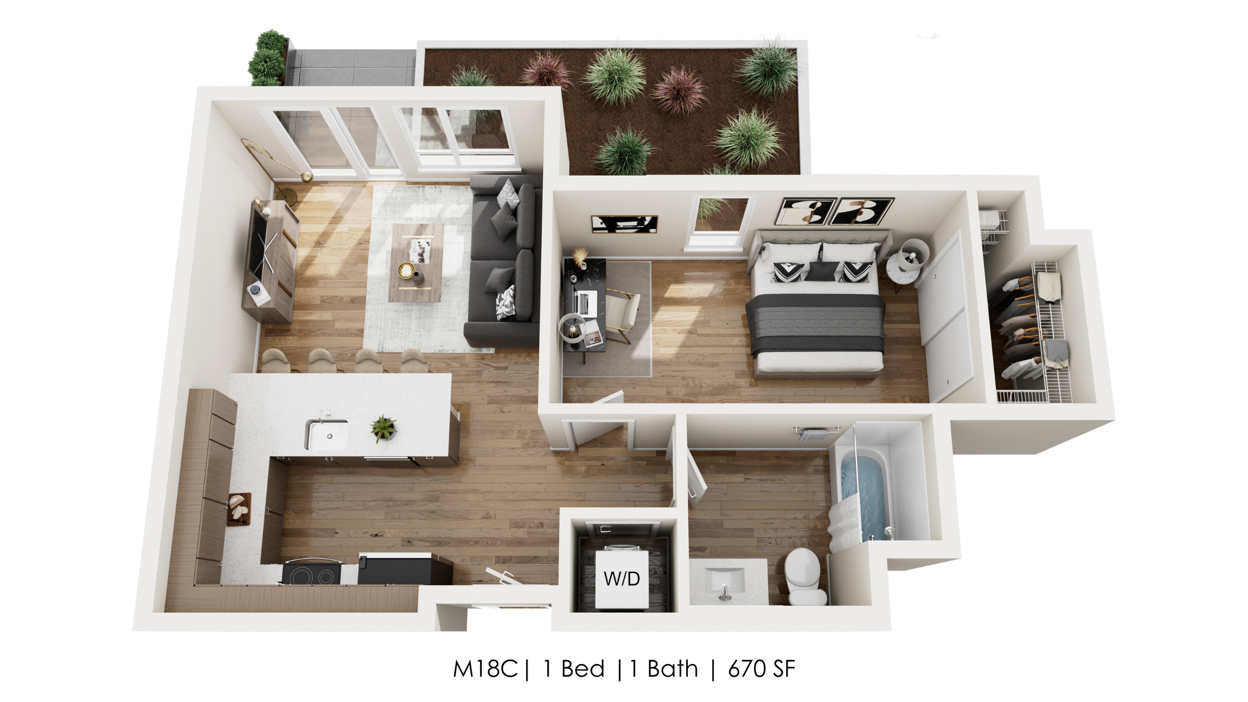 Unit M18C | Courtyard Patio 
1 Bed | 1 Bath 
670 SF