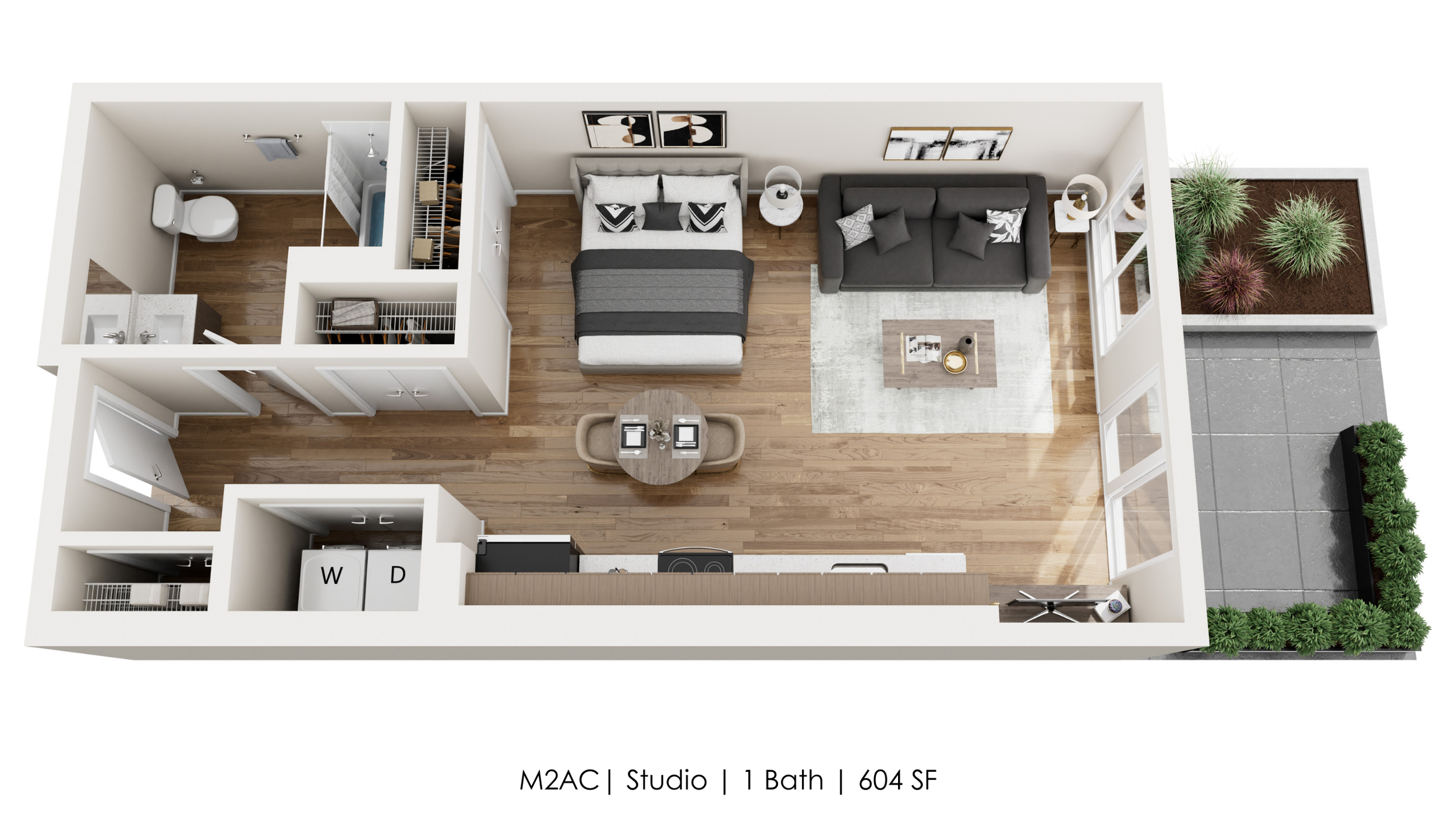 Unit M2AC | Courtyard Patio 
Studio | 1 Bath 
604 SF