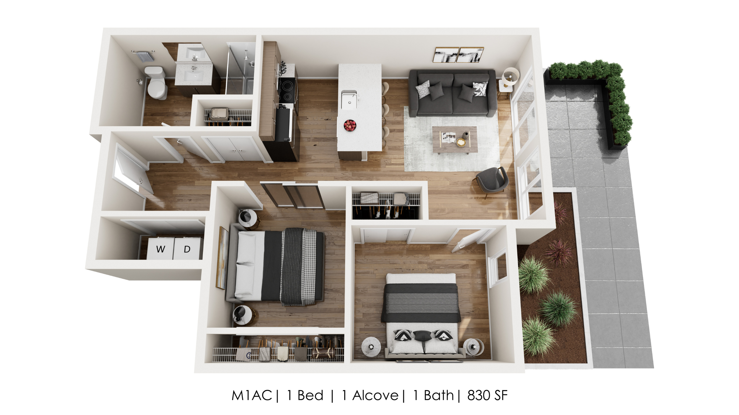 Unit M1AC | Courtyard Patio 
1 Bed + 1 Alcove | 1 Bath 
830 SF