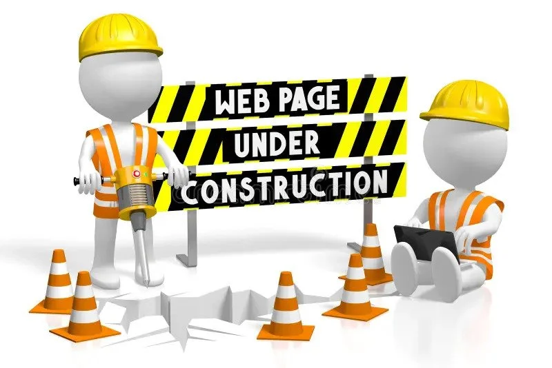 Two cartoon construction workers with yellow helmets and orange safety vests around a hole in the ground, with a sign that reads 'Web page under construction,' orange safety cones, and blinking construction lights.