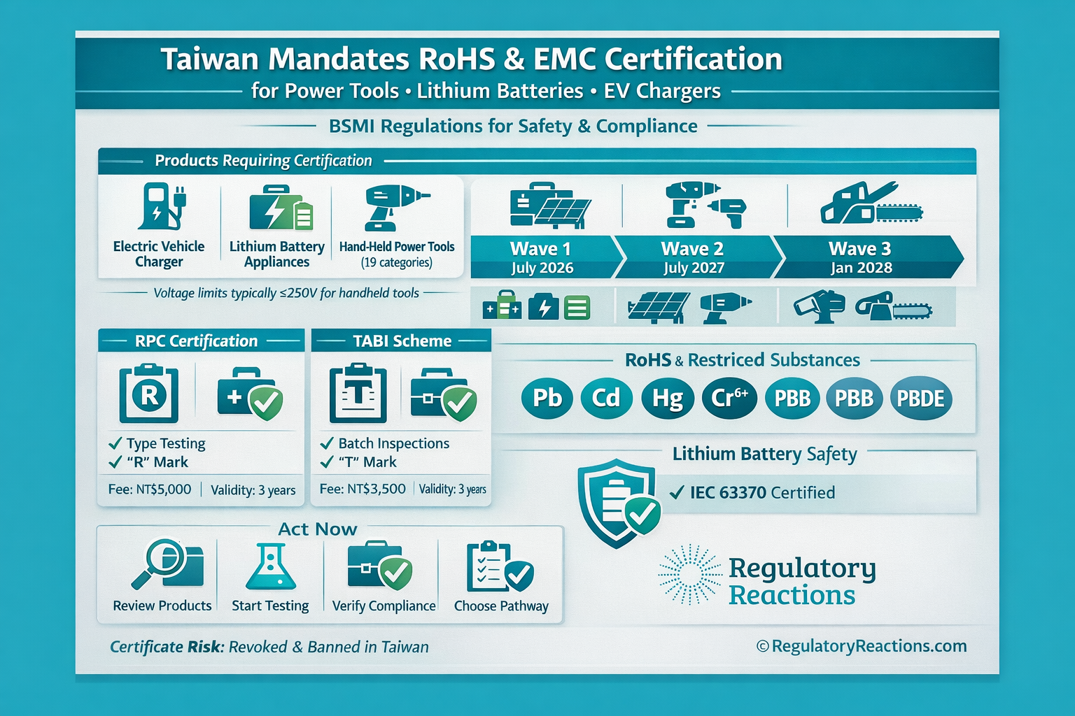 Taiwan requires mandatory ROHS and EMC certification for electronic handheld power tools, lithium batteries, and EV chargers