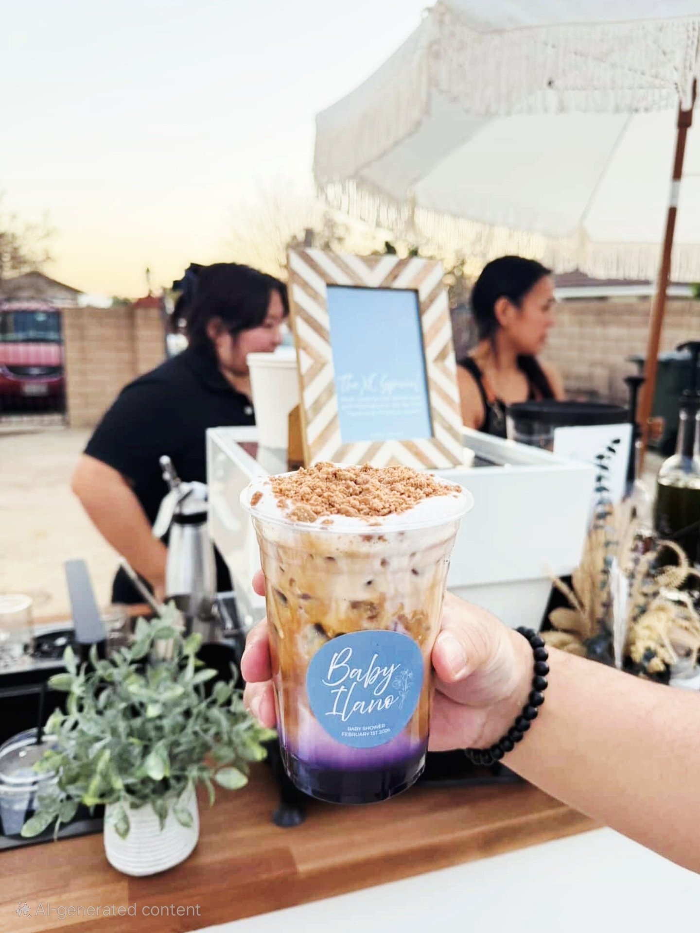 Holding Signature Ube Latte in front of coffee cart