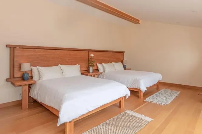 Two beds with white bedding and pillows in a minimalist bedroom with wooden flooring and a long wooden headboard extending across both beds. Each bed has a small bedside table with a lamp, and a decorative plant on the headboard. There are two woven rugs on the floor.