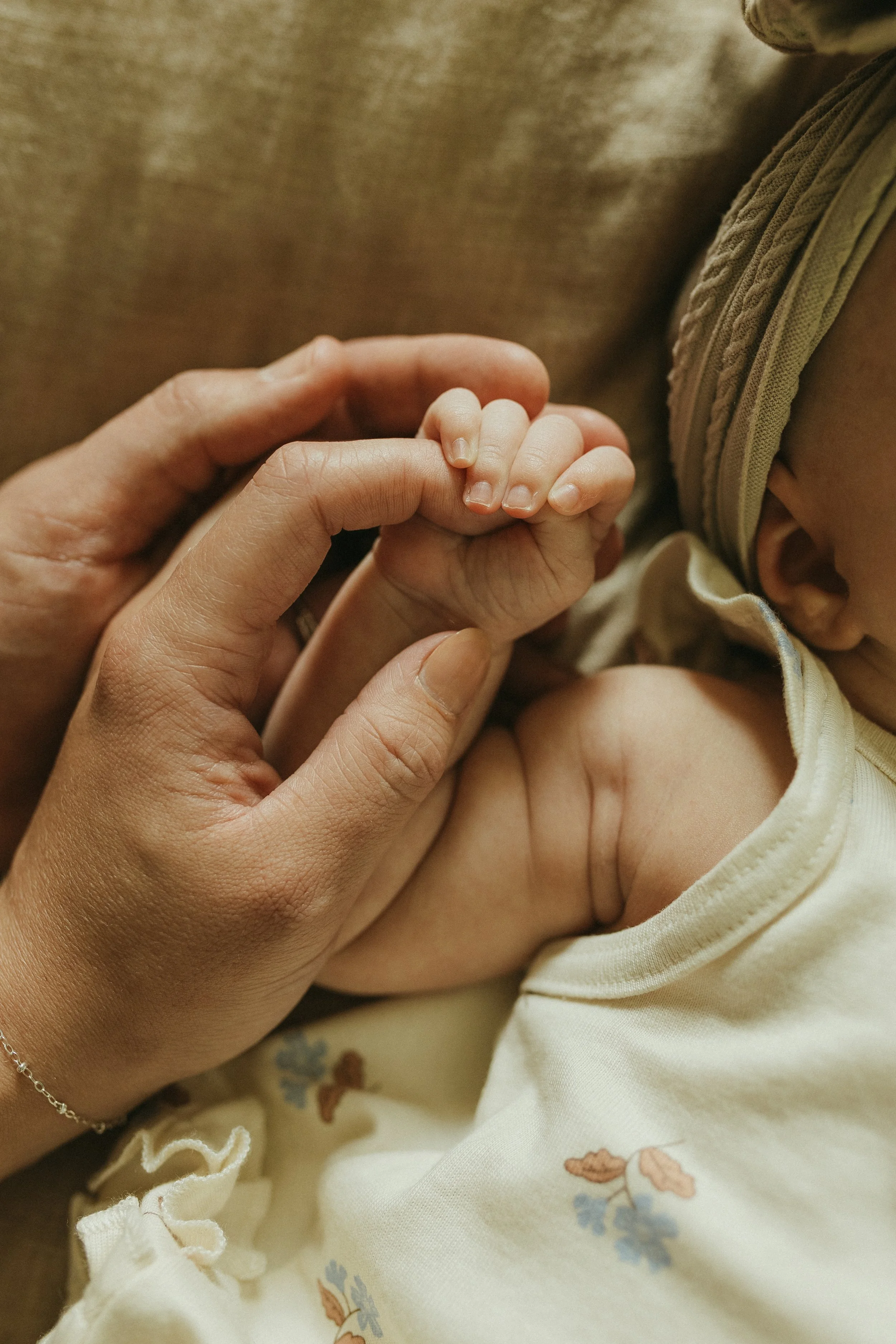 A close-up of an adult holding a baby's finger.