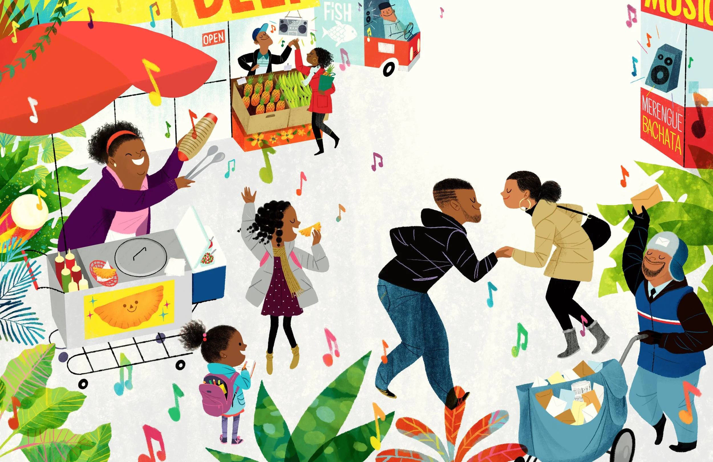 People dancing and eating food