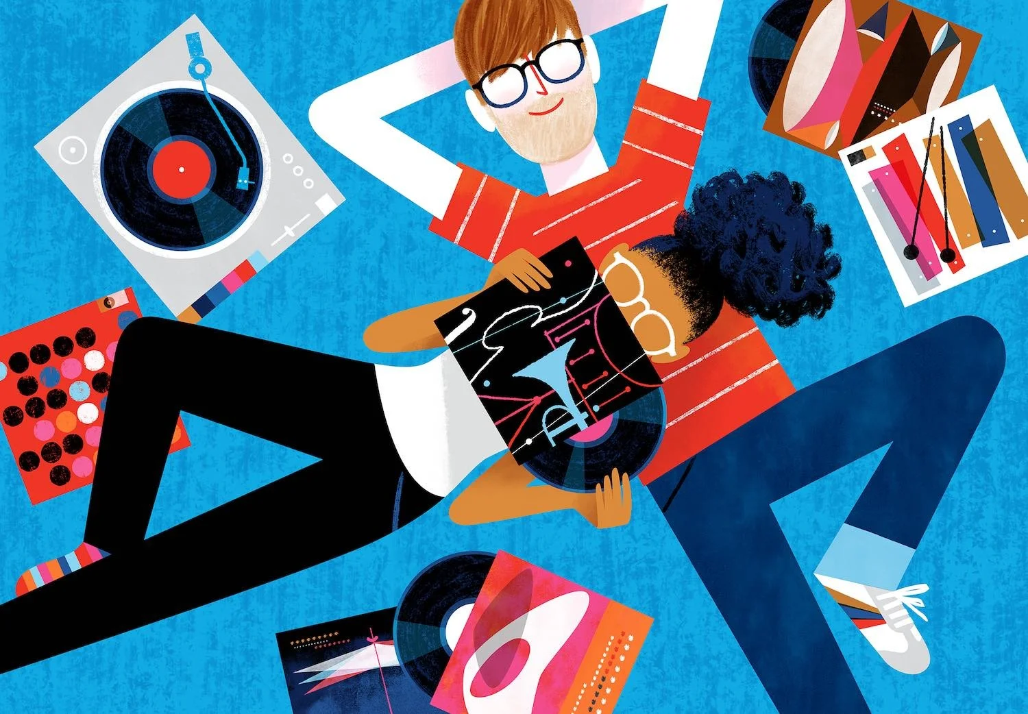 Kids laying down listening to records with glasses on