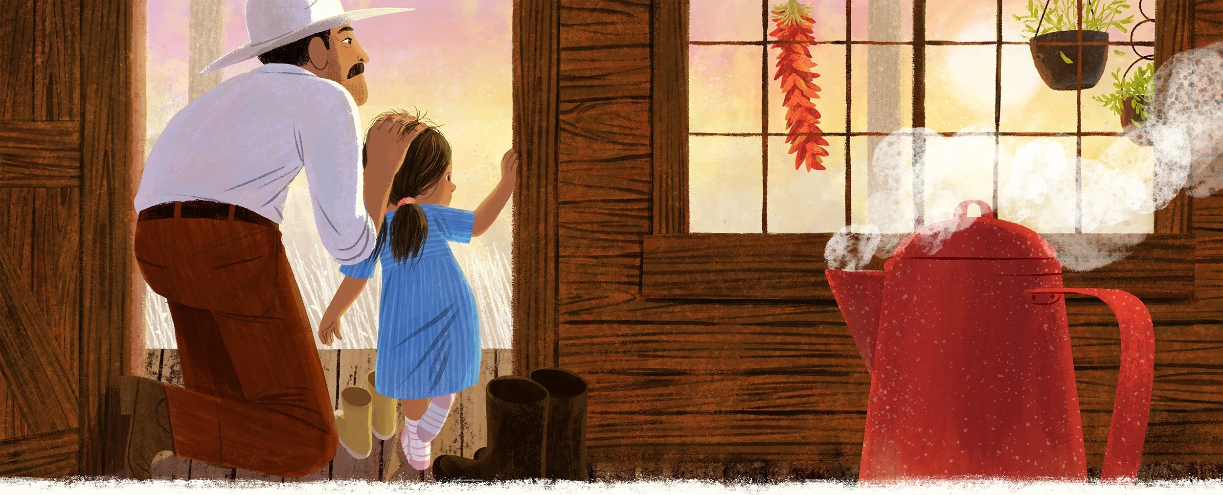 Artwork of little girl and father looking out door of home