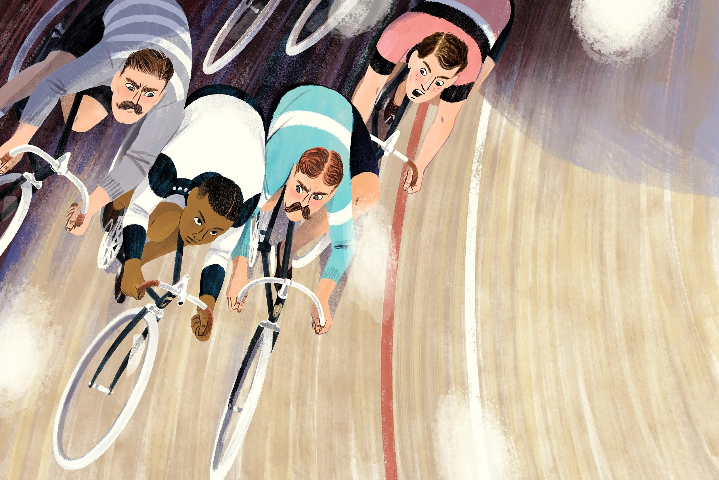 Four cyclists racing along the track