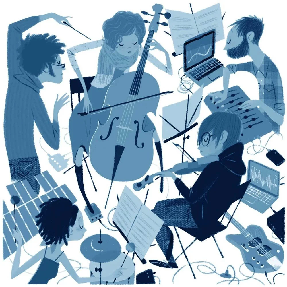 Different musicians playing music all in blue tones artwork