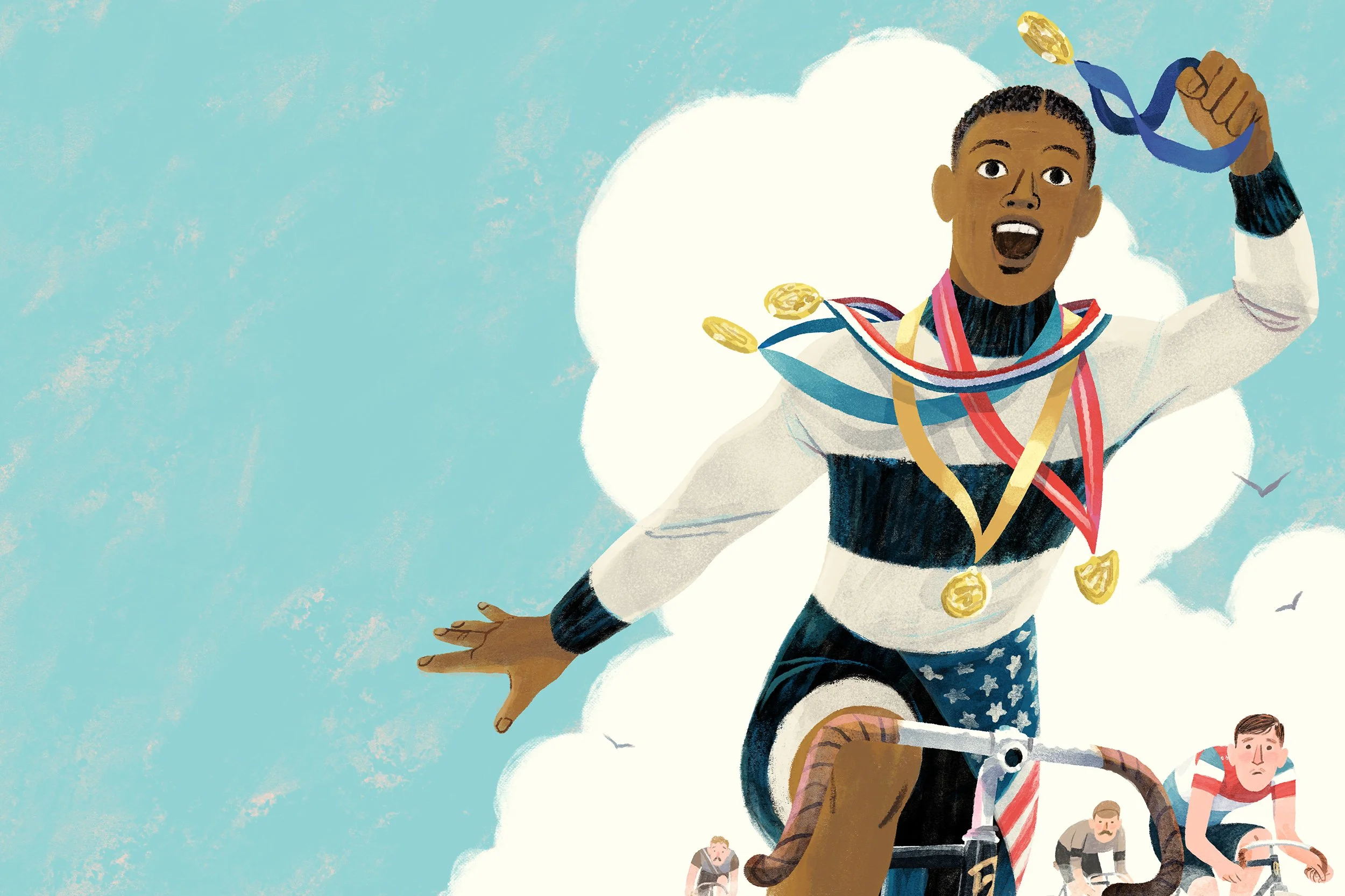 Major winning the race with medals around his neck