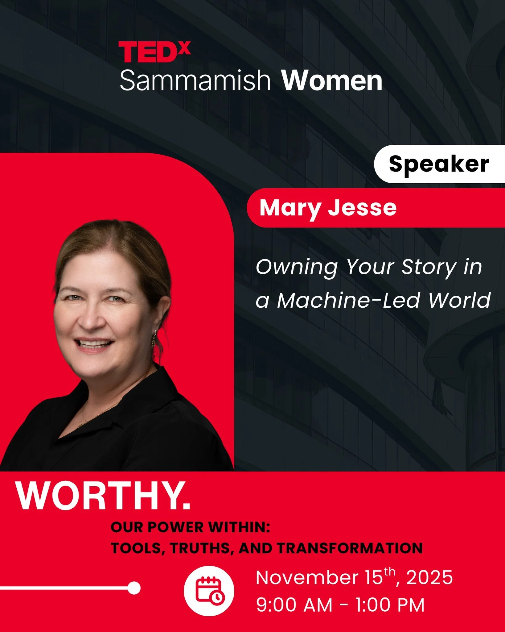 ✨Speaker Spotlight:  Mary Jesse✨

Mary will take the stage at TEDxSammamish Women as a speaker to share her talk, Owning Your Story in a Machine-Led World. When technology remembers everything we post, what pieces of our true selves are we leaving be