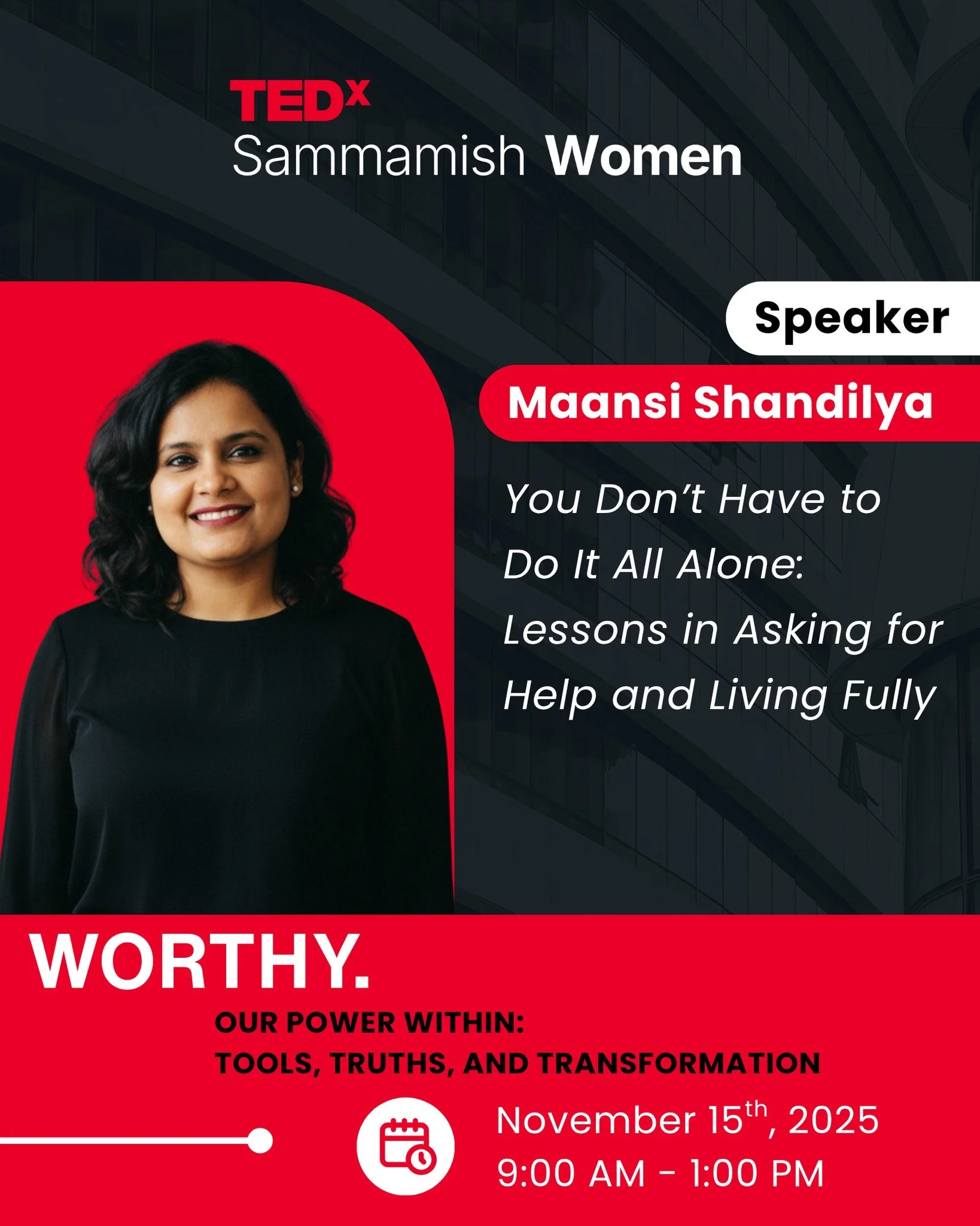 ✨Speaker Spotlight: Maansi Shandilya✨
Maansi will take the stage as a speaker at TEDxSammamish Women to present her talk: 
You Don&rsquo;t Have to Do It All Alone: Lessons in Asking for Help and Living Fully.

What if the bravest thing you can do isn