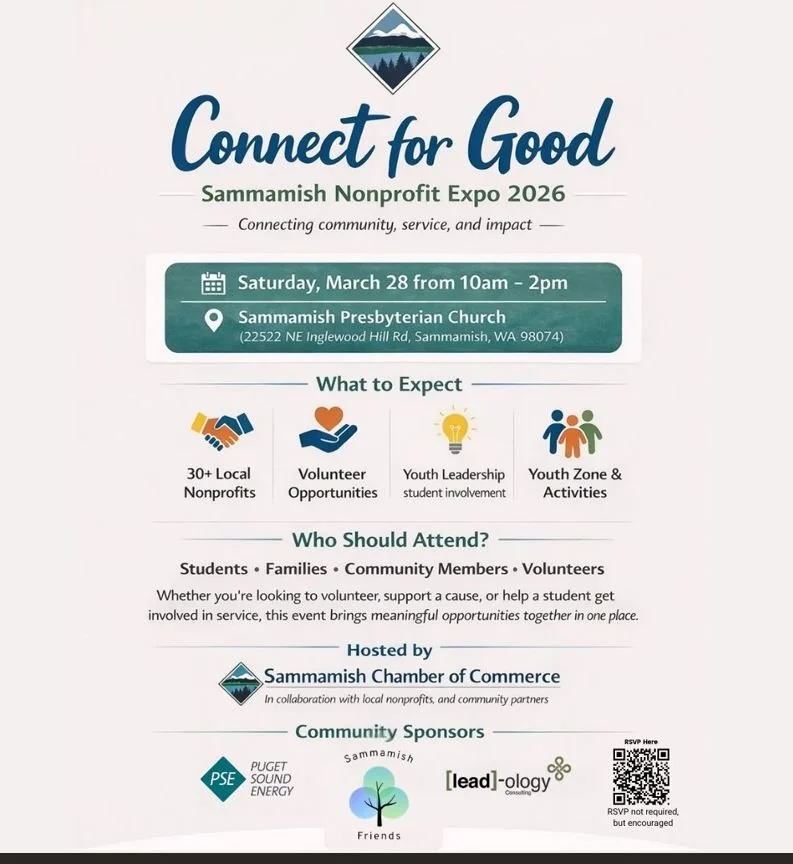 Looking for a meaningful way to connect with your community and make a difference? Join us at Connect for Good!

Hosted by the @sammamishchamber  this inspiring nonprofit expo will bring together 30+ local organizations offering volunteer opportuniti