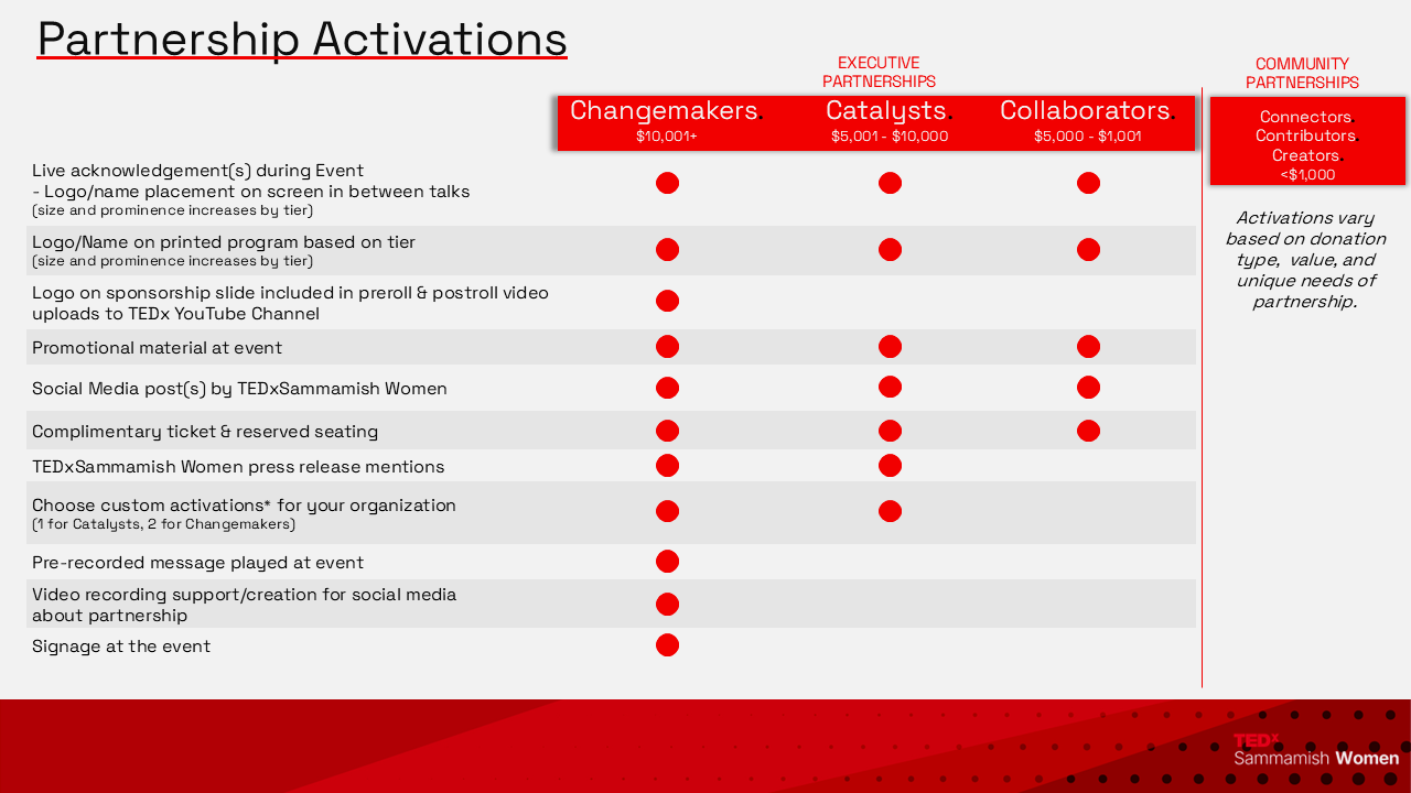 A chart titled 'Partnership Activations' categorizing activities for different partnership tiers: Changemakers, Catalysts, Collaborators, and Community Partnerships. Activities include logo placement, promotional material, social media posts, tickets, press releases, custom activations, pre-recorded messages, video support, and signage. Red circles indicate activities included in each tier, with a note on different donation levels for each tier.