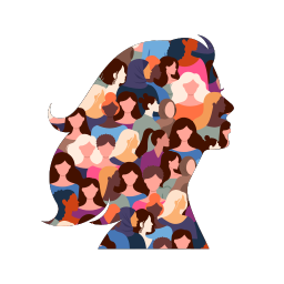 A headshot outline of a multi-color woman with a collage of woman headshots inside.