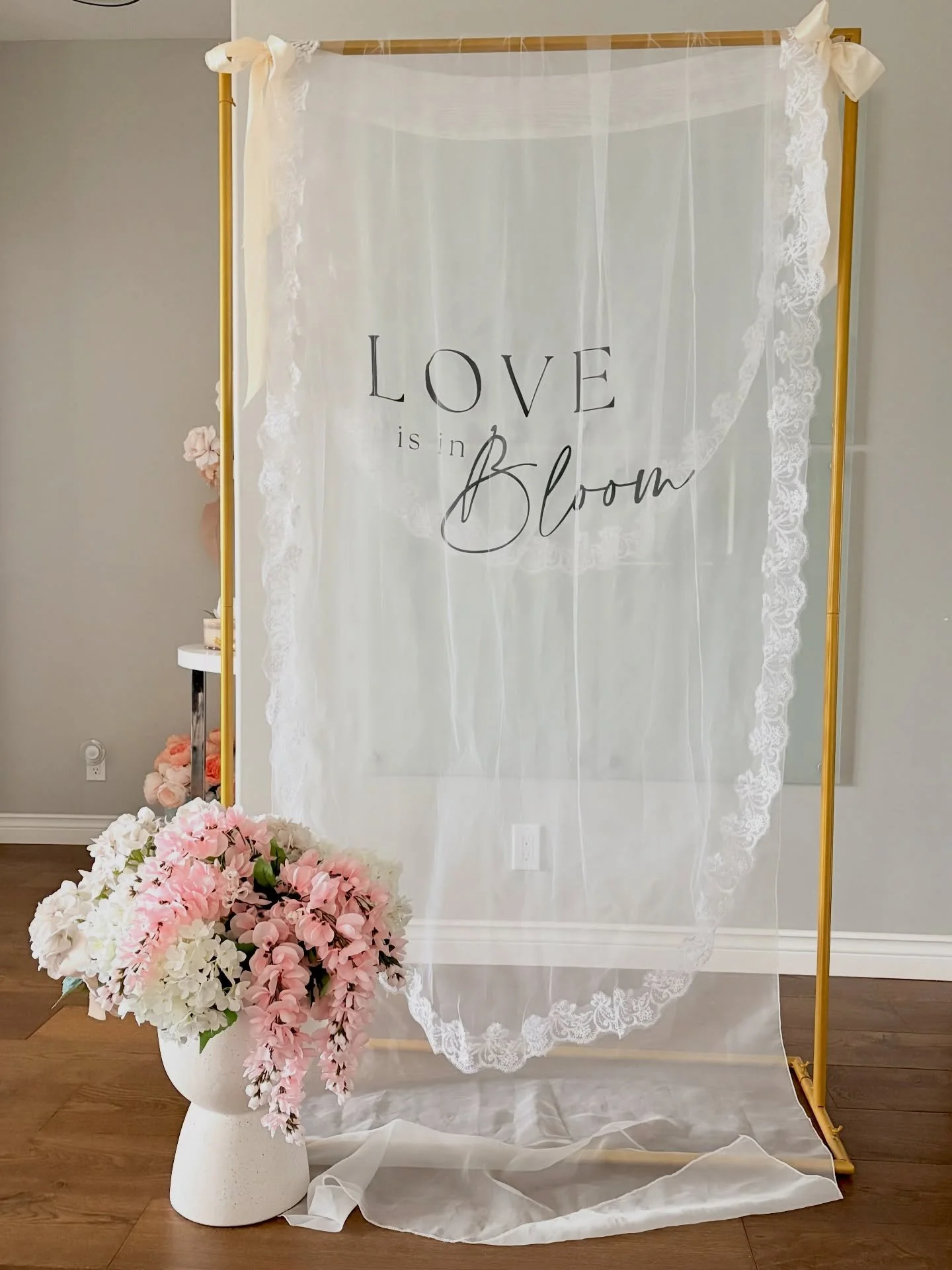&hellip; Love is in Bloom 🍃

our sheer banner is back with a petite glow-up;  styled with a lace-trimmed veil, this soft, flowing  beauty is sure to impress 

now available 

#sheerbanner #lacetrimmedveil #bridalshower #loveisinbloom #specialtyrenta