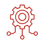 Red gear with circuit lines extending downward, symbolizing technology and engineering.