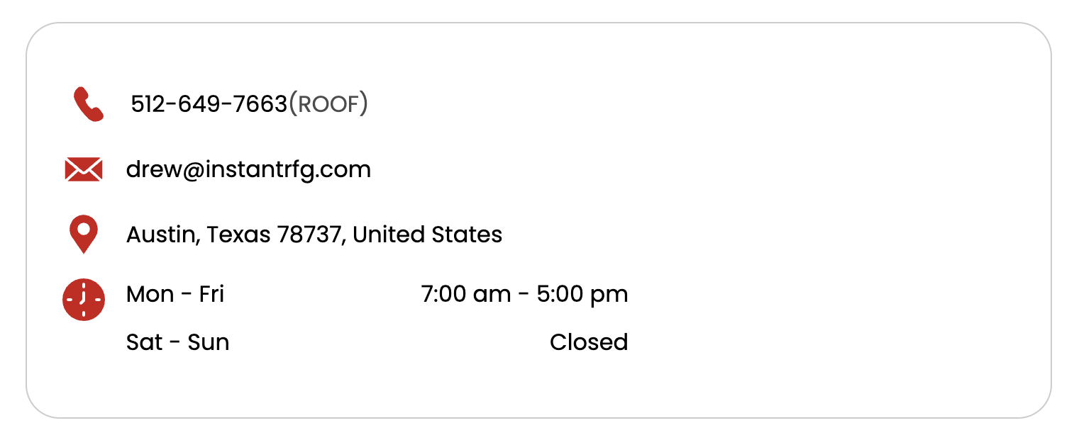 Contact information card with phone number, email, address, and hours of operation