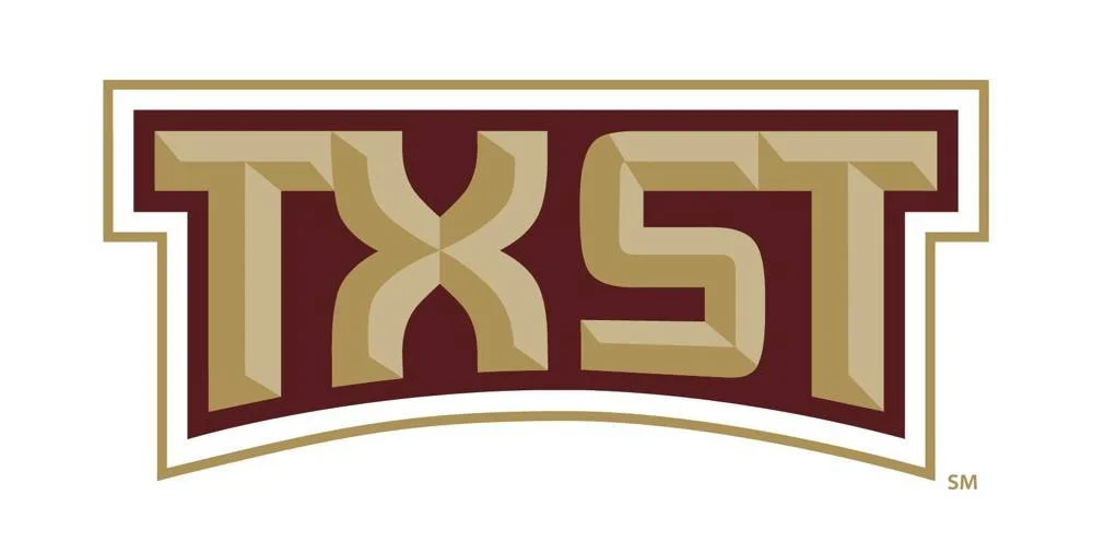 The word "TEXAS" is written in large, stylized, gold-colored 3D block letters with a maroon background and a gold and white border.