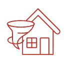 Line drawing of a house with a chimney, a window, and a tornado or funnel cloud nearby.