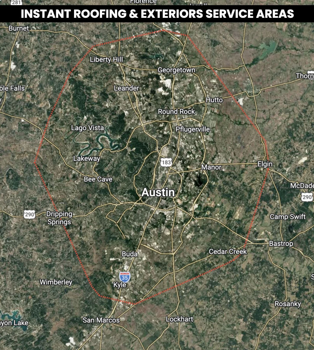 Map showing Austin, Texas, and surrounding areas, highlighting service zones for roofing and exteriors with a red dotted boundary.