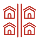 Four red house icons arranged in a grid pattern.